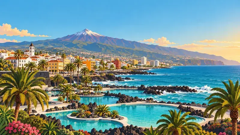 Ilustración de Puerto de la Cruz: casas junto al Atlántico, piscinas de agua salada y el Teide al fondo